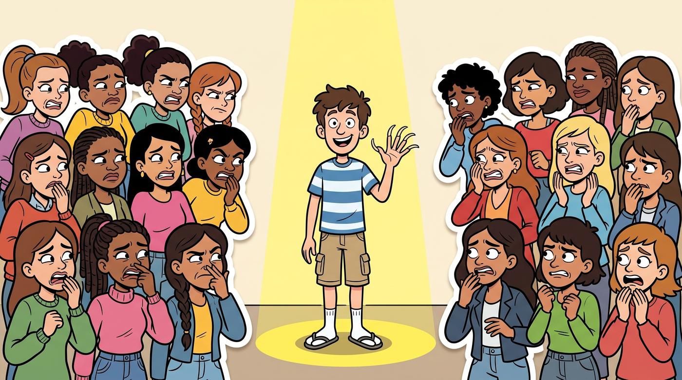 Cartoon crowd of grossed-out women around one clueless guy with long nails and socks with flip flops